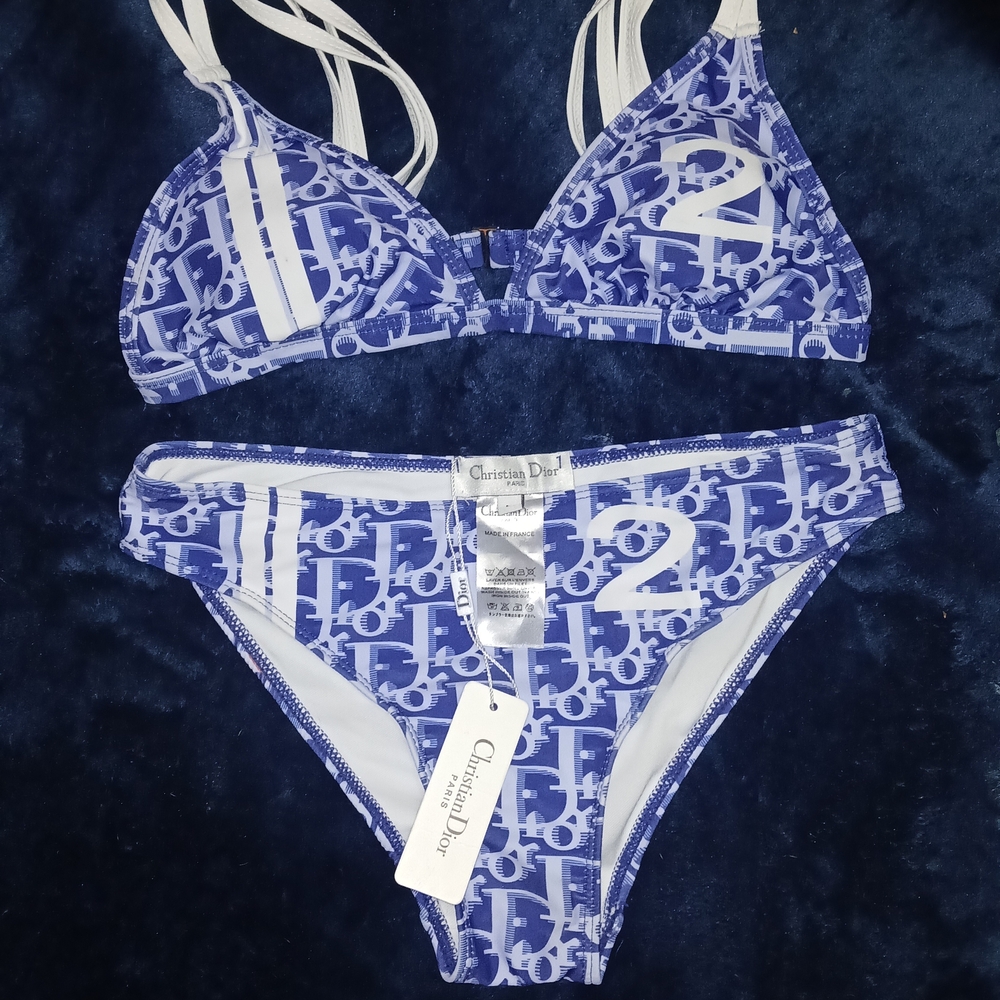 Dior Blue and White Logo Print Bikini Set